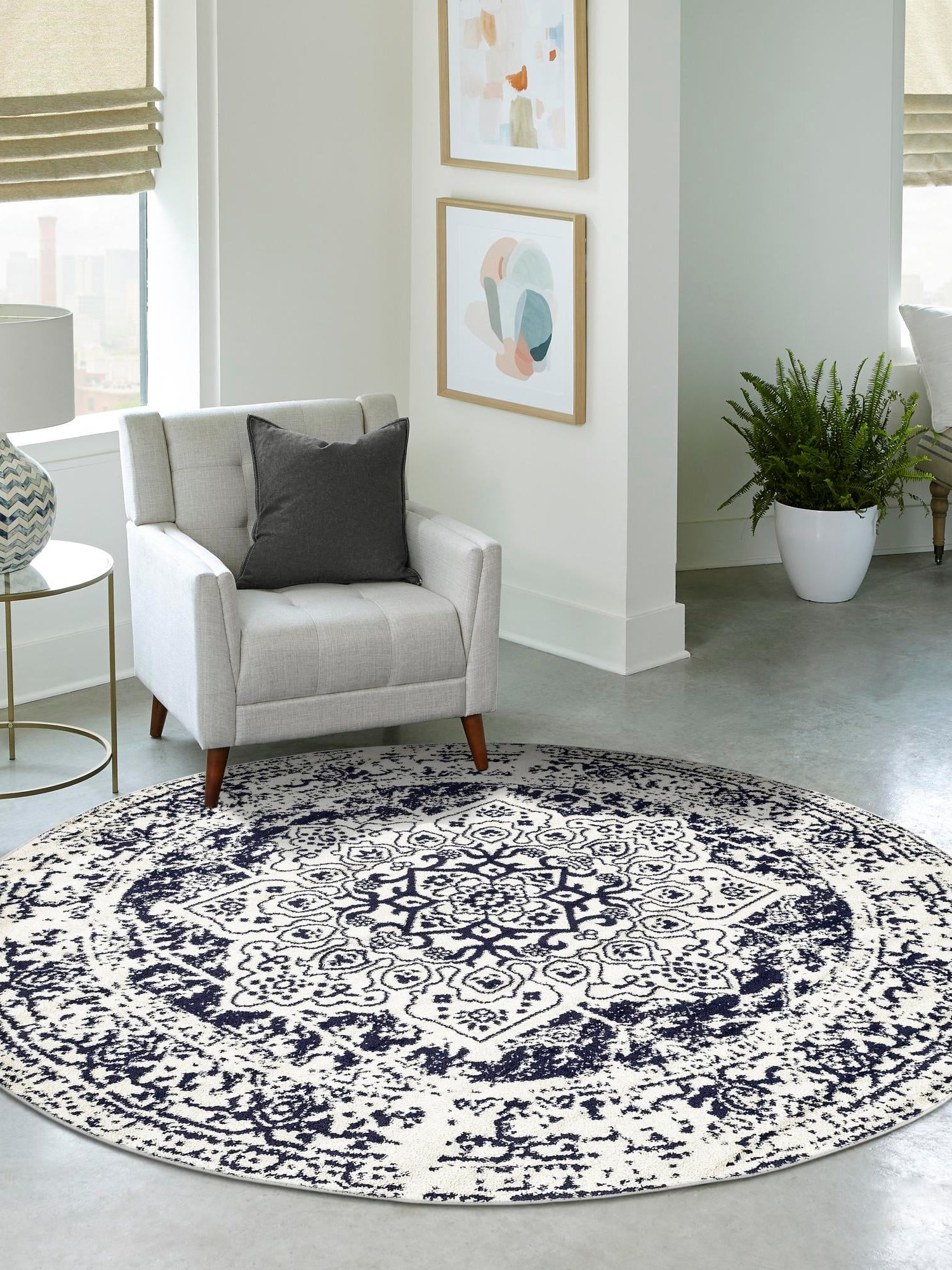 Blue 7' 10 x 7' 10 Richmond Round Area Rug Vintage Distressed Look Traditional Design Carpet for Unique Home Interior Design for Sale at Rug Engine