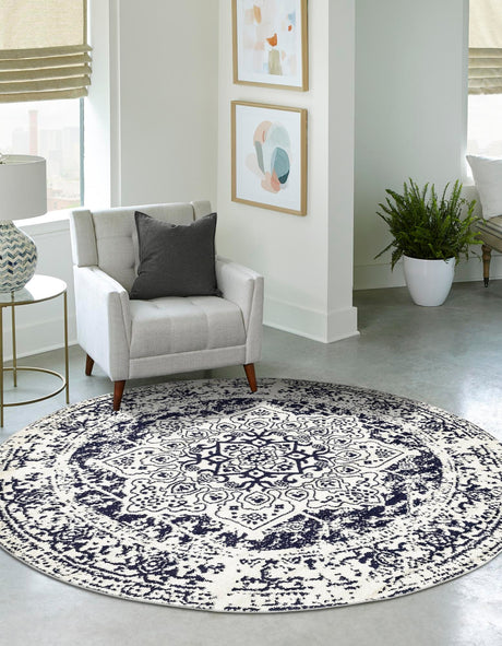 Blue 7' 10 x 7' 10 Richmond Round Area Rug Vintage Distressed Look Traditional Design Carpet for Unique Home Interior Design for Sale at Rug Engine