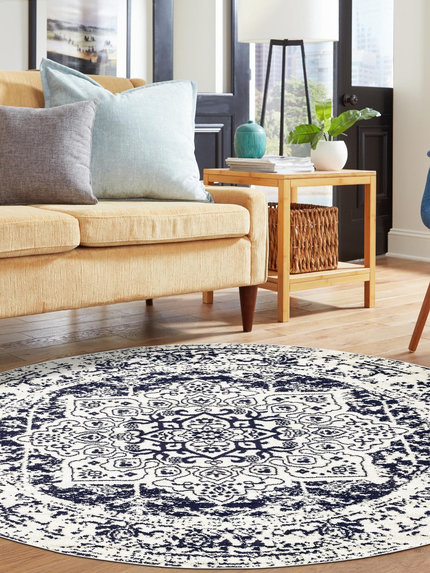 Blue 5' 3 x 5' 3 Richmond Round Area Rug Vintage Distressed Look Traditional Design Carpet for Unique Home Interior Design for Sale at Rug Engine