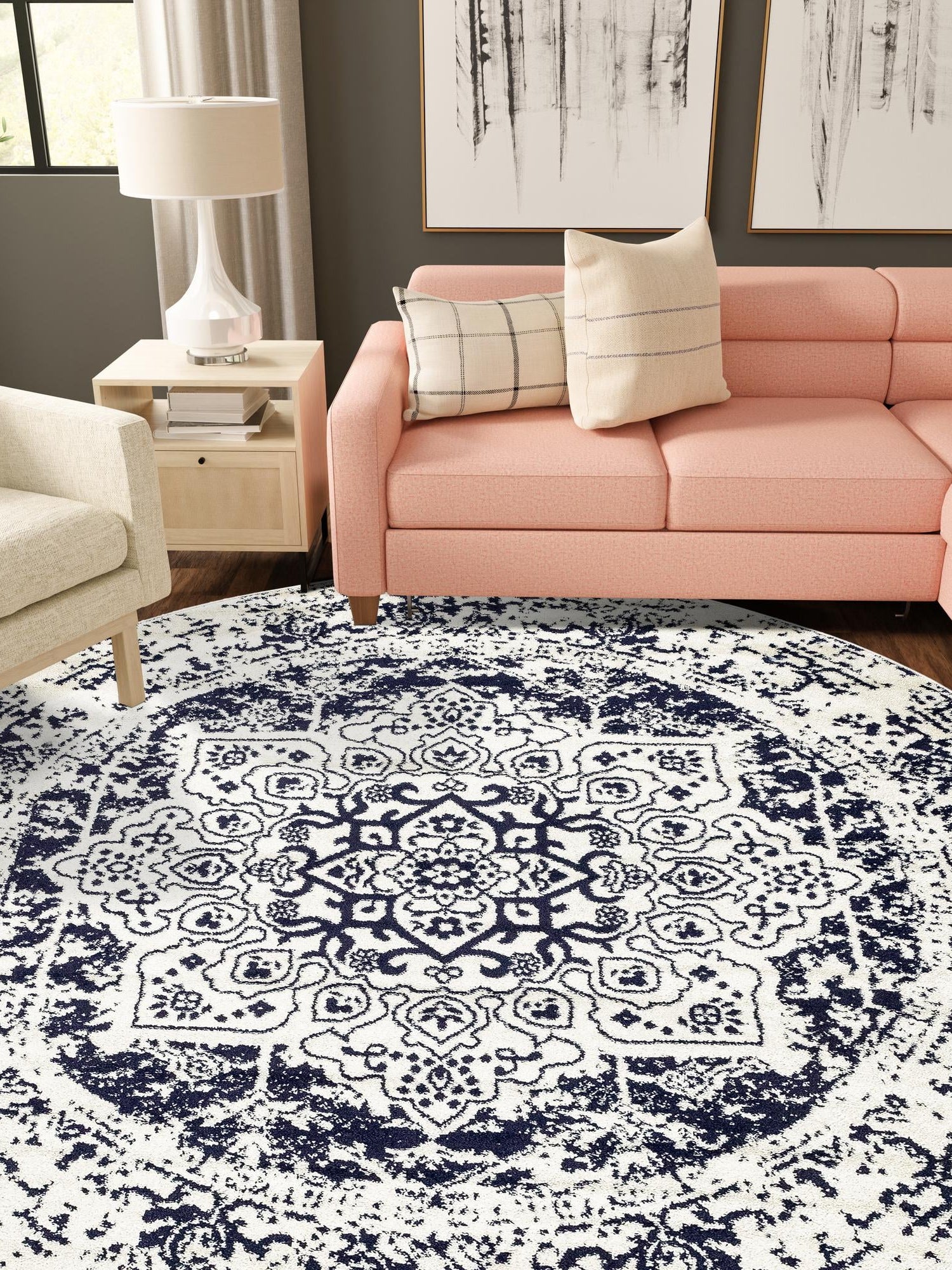 Blue 7' 10 x 7' 10 Richmond Round Area Rug Vintage Distressed Look Traditional Design Carpet for Unique Home Interior Design for Sale at Rug Engine