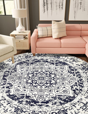 Blue 7' 10 x 7' 10 Richmond Round Area Rug Vintage Distressed Look Traditional Design Carpet for Unique Home Interior Design for Sale at Rug Engine