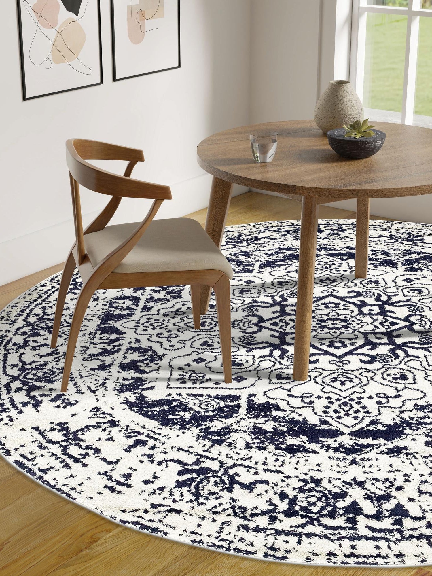 Blue 7' 10 x 7' 10 Richmond Round Area Rug Vintage Distressed Look Traditional Design Carpet for Unique Home Interior Design for Sale at Rug Engine