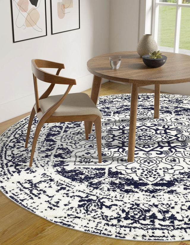 Blue 7' 10 x 7' 10 Richmond Round Area Rug Vintage Distressed Look Traditional Design Carpet for Unique Home Interior Design for Sale at Rug Engine
