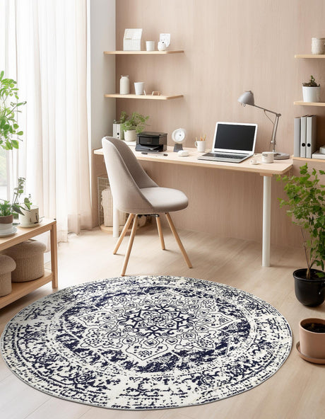 Blue 5' 3 x 5' 3 Richmond Round Area Rug Vintage Distressed Look Traditional Design Carpet for Unique Home Interior Design for Sale at Rug Engine