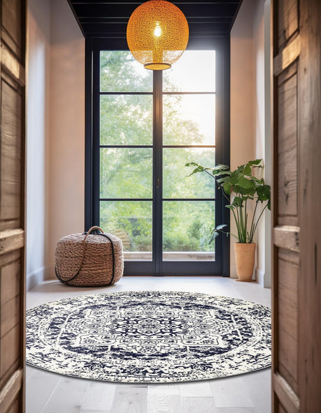 Blue 5' 3 x 5' 3 Richmond Round Area Rug Vintage Distressed Look Traditional Design Carpet for Unique Home Interior Design for Sale at Rug Engine