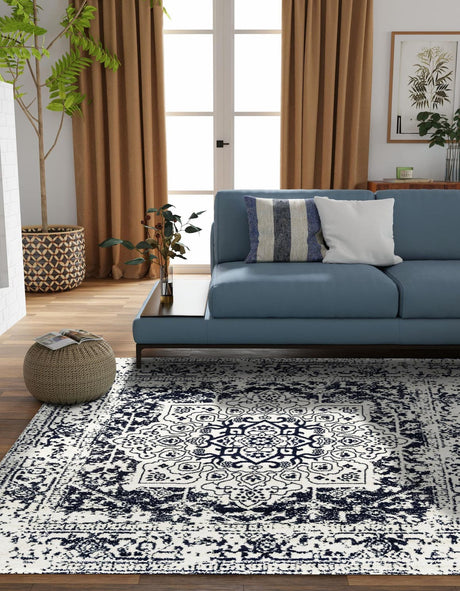 Blue 5' 3 x 5' 3 Richmond Square Area Rug Vintage Distressed Look Traditional Design Carpet for Unique Home Interior Design for Sale at Rug Engine