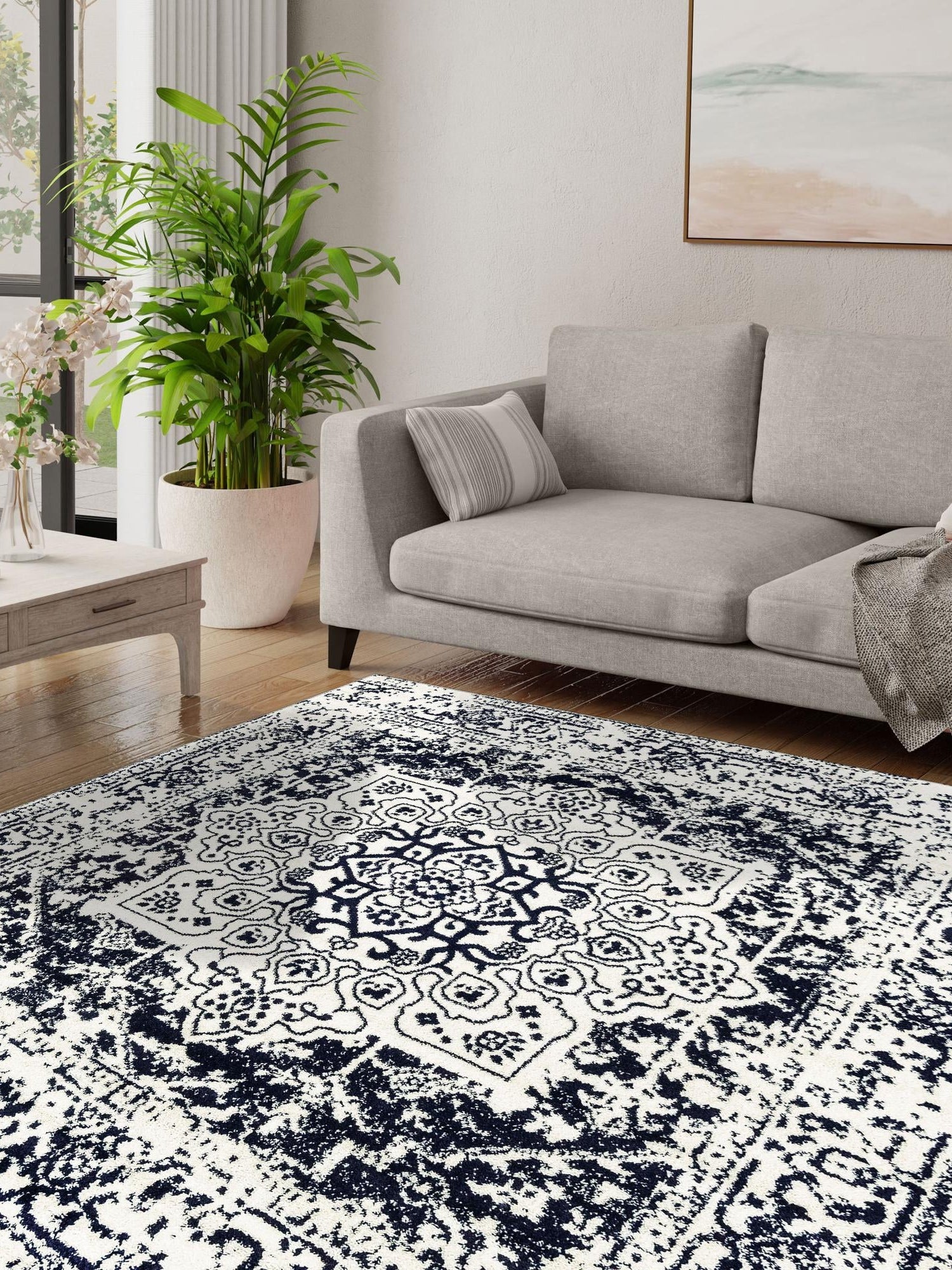 Blue 4' 1 x 4' 1 Richmond Square Area Rug Vintage Distressed Look Traditional Design Carpet for Unique Home Interior Design for Sale at Rug Engine