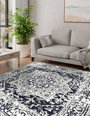 Blue 7' 10 x 7' 10 Richmond Square Area Rug Vintage Distressed Look Traditional Design Carpet for Unique Home Interior Design for Sale at Rug Engine