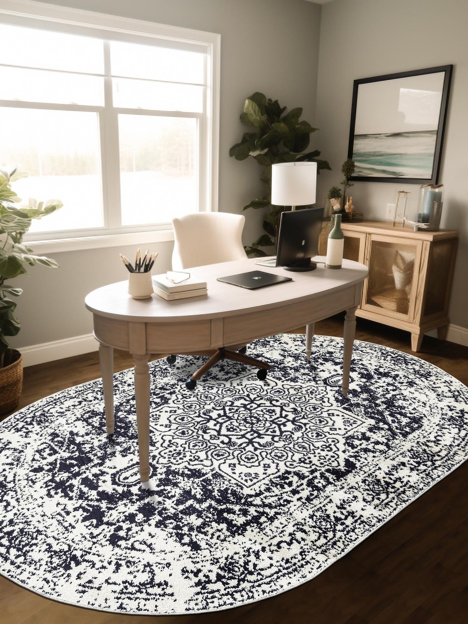 Blue 5' 3 x 8' Richmond Oval Area Rug Vintage Distressed Look Traditional Design Carpet for Unique Home Interior Design for Sale at Rug Engine