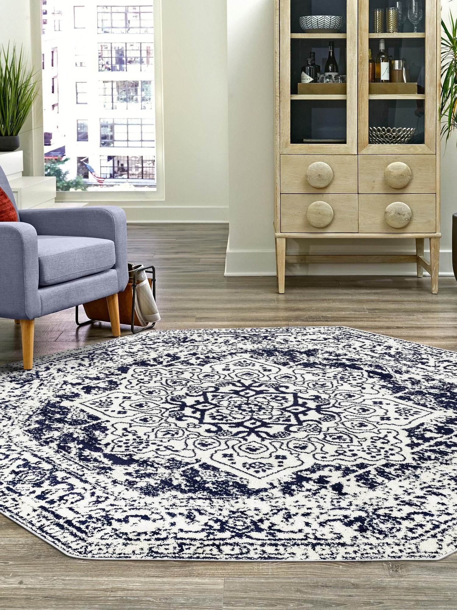 Blue 5' 3 x 5' 3 Richmond Octagon Area Rug Vintage Distressed Look Traditional Design Carpet for Unique Home Interior Design for Sale at Rug Engine