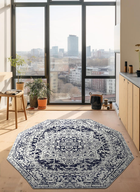 Blue 5' 3 x 5' 3 Richmond Octagon Area Rug Vintage Distressed Look Traditional Design Carpet for Unique Home Interior Design for Sale at Rug Engine