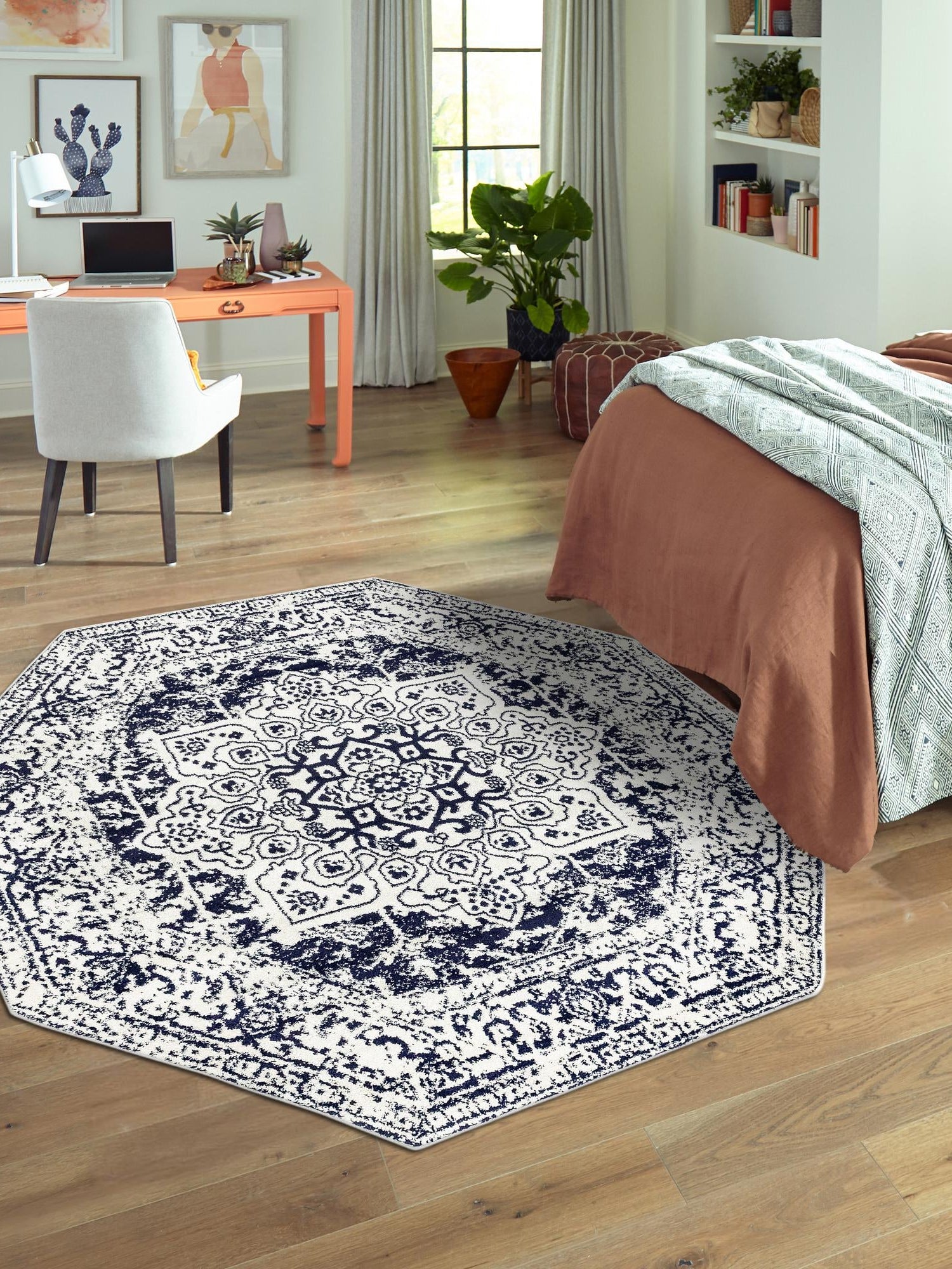 Blue 5' 3 x 5' 3 Richmond Octagon Area Rug Vintage Distressed Look Traditional Design Carpet for Unique Home Interior Design for Sale at Rug Engine
