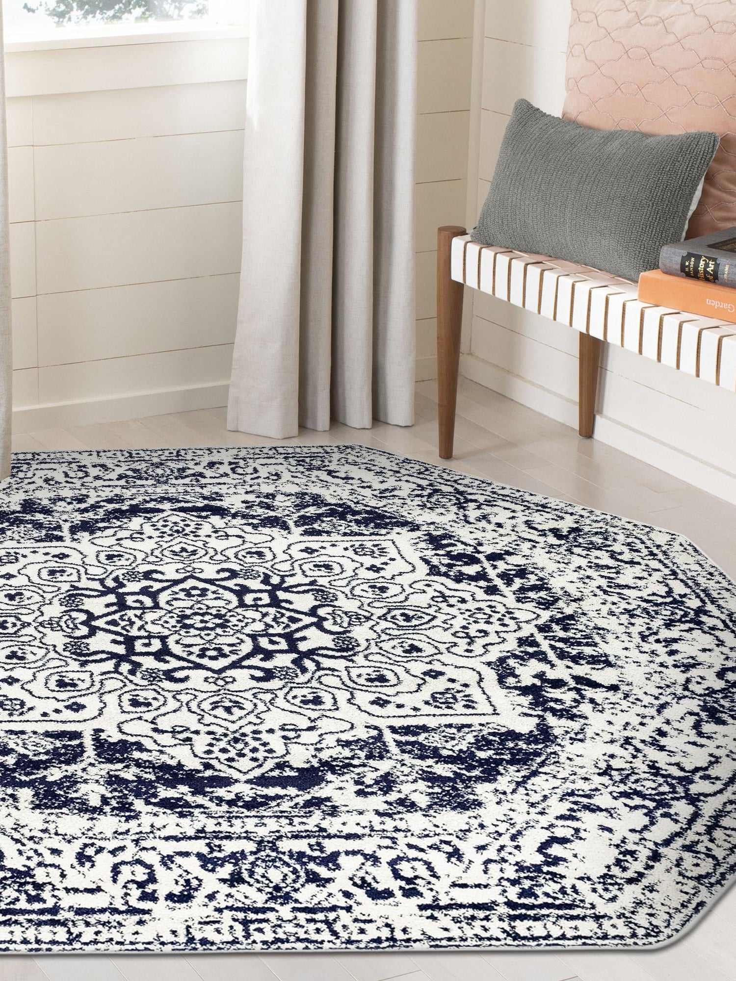 Blue 5' 3 x 5' 3 Richmond Octagon Area Rug Vintage Distressed Look Traditional Design Carpet for Unique Home Interior Design for Sale at Rug Engine