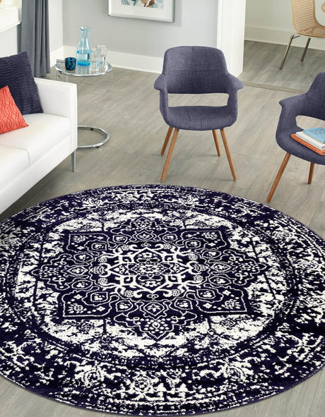 Navy Blue 7' 10 x 7' 10 Richmond Round Area Rug Vintage Distressed Look Traditional Design Carpet for Unique Home Interior Design for Sale at Rug Engine