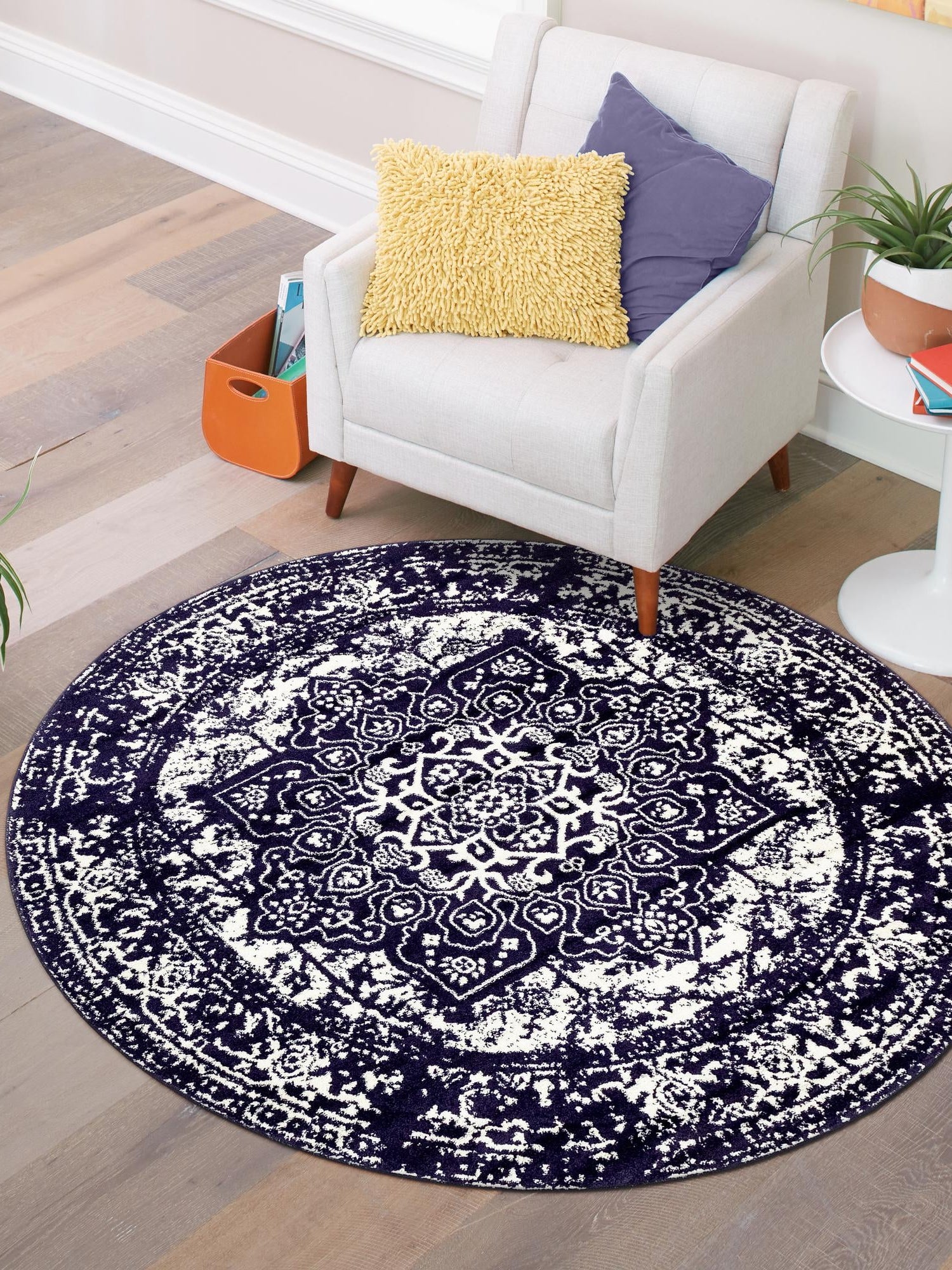 Navy Blue 5' 3 x 5' 3 Richmond Round Area Rug Vintage Distressed Look Traditional Design Carpet for Unique Home Interior Design for Sale at Rug Engine