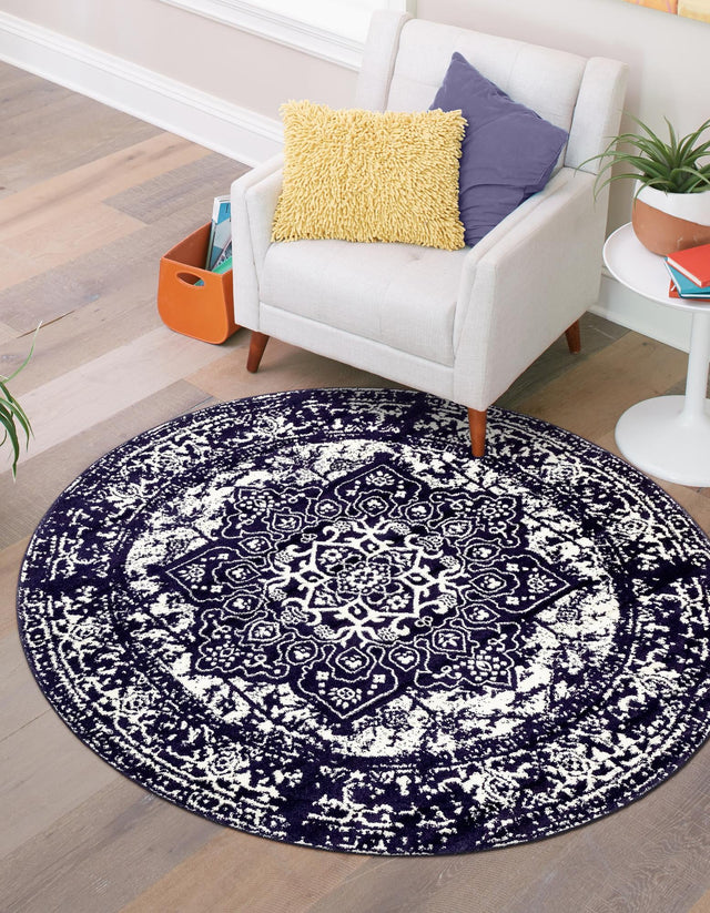 Navy Blue 7' 10 x 7' 10 Richmond Round Area Rug Vintage Distressed Look Traditional Design Carpet for Unique Home Interior Design for Sale at Rug Engine