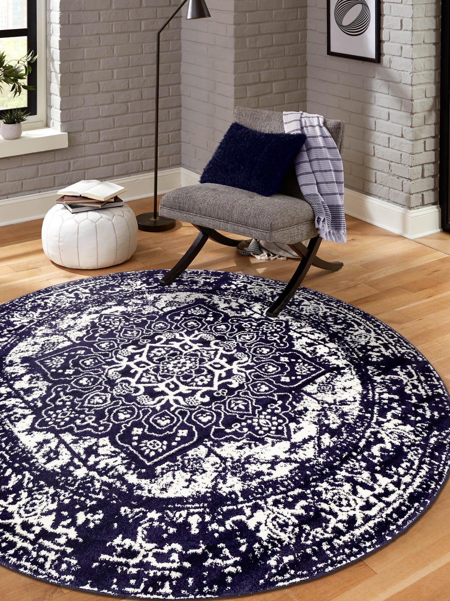 Navy Blue 7' 10 x 7' 10 Richmond Round Area Rug Vintage Distressed Look Traditional Design Carpet for Unique Home Interior Design for Sale at Rug Engine