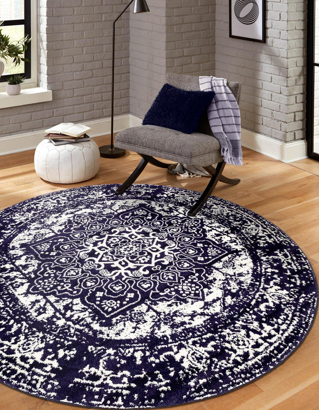 Navy Blue 7' 10 x 7' 10 Richmond Round Area Rug Vintage Distressed Look Traditional Design Carpet for Unique Home Interior Design for Sale at Rug Engine