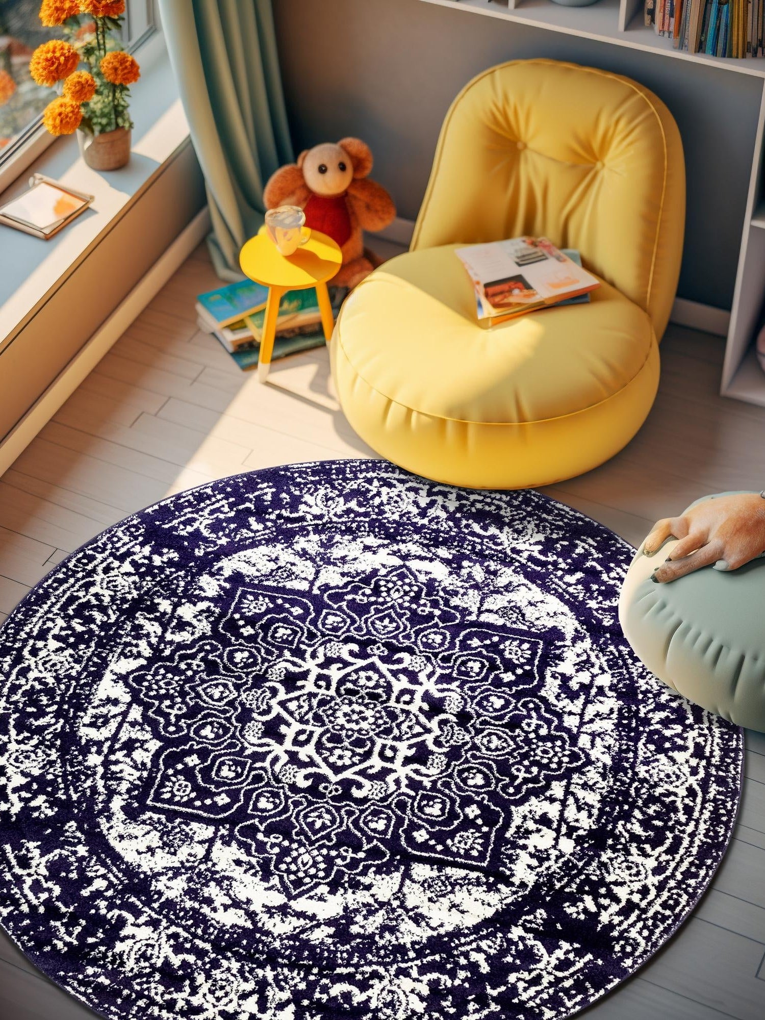 Navy Blue 5' 3 x 5' 3 Richmond Round Area Rug Vintage Distressed Look Traditional Design Carpet for Unique Home Interior Design for Sale at Rug Engine