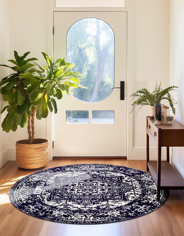 Navy Blue 5' 3 x 5' 3 Richmond Round Area Rug Vintage Distressed Look Traditional Design Carpet for Unique Home Interior Design for Sale at Rug Engine