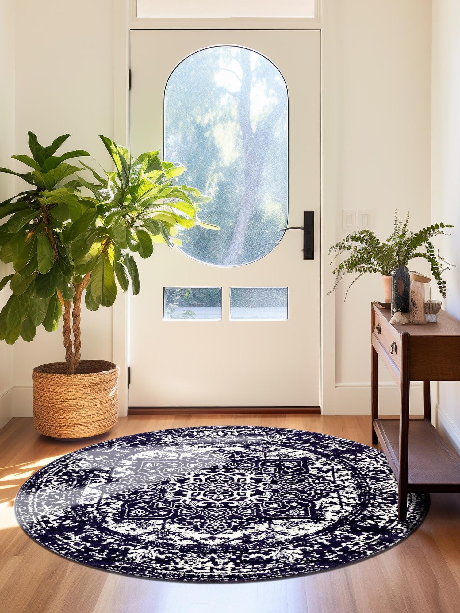 Navy Blue 7' 10 x 7' 10 Richmond Round Area Rug Vintage Distressed Look Traditional Design Carpet for Unique Home Interior Design for Sale at Rug Engine