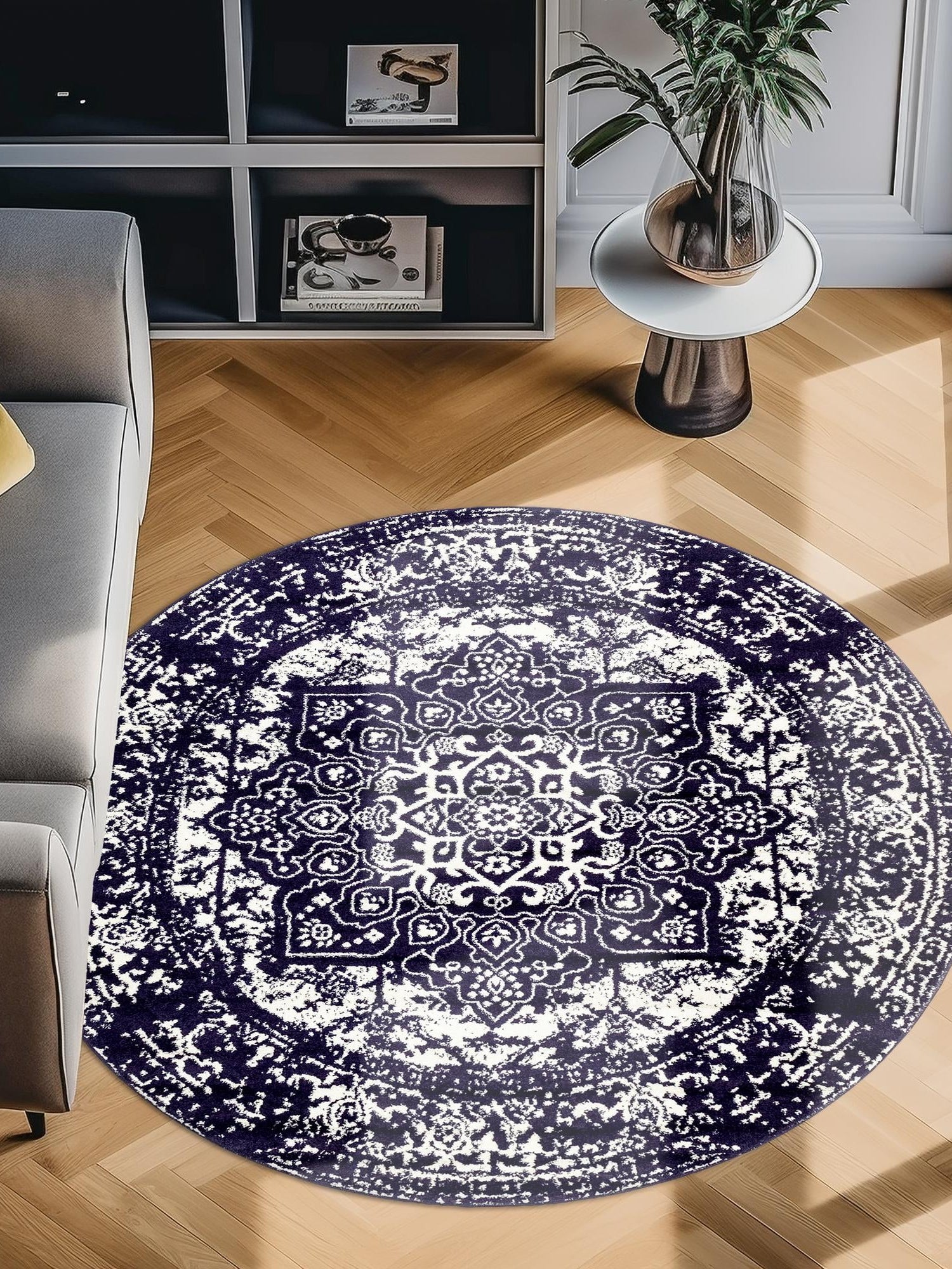 Navy Blue 5' 3 x 5' 3 Richmond Round Area Rug Vintage Distressed Look Traditional Design Carpet for Unique Home Interior Design for Sale at Rug Engine