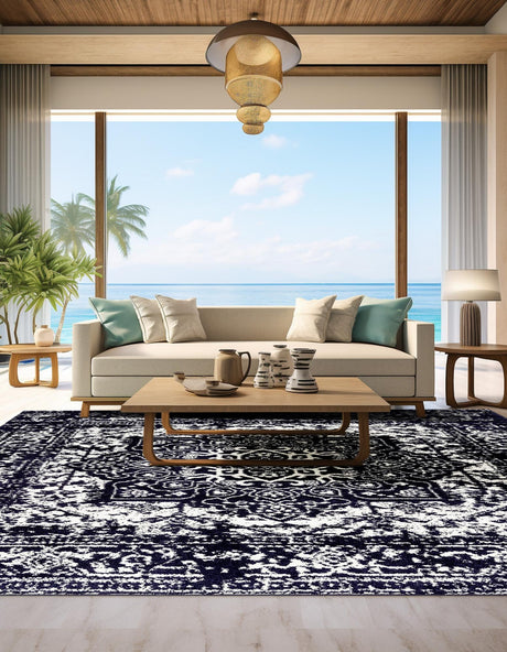 Navy Blue 4' 1 x 4' 1 Richmond Square Area Rug Vintage Distressed Look Traditional Design Carpet for Unique Home Interior Design for Sale at Rug Engine
