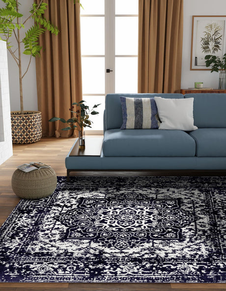 Navy Blue 4' 1 x 4' 1 Richmond Square Area Rug Vintage Distressed Look Traditional Design Carpet for Unique Home Interior Design for Sale at Rug Engine