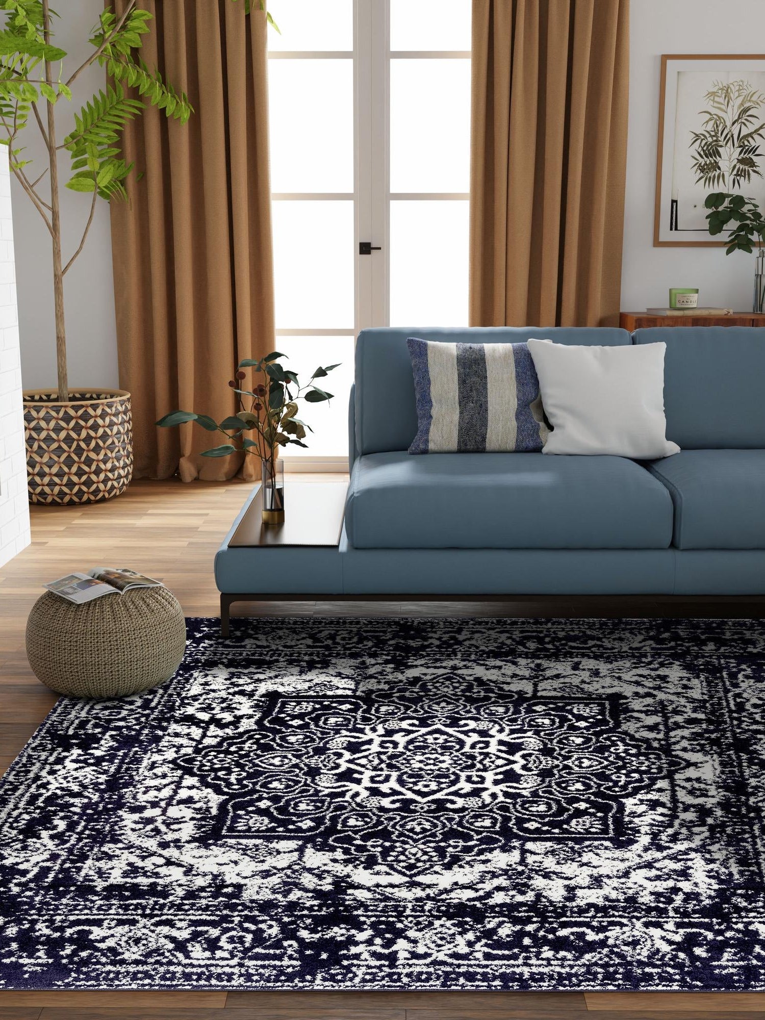 Navy Blue 7' 10 x 7' 10 Richmond Square Area Rug Vintage Distressed Look Traditional Design Carpet for Unique Home Interior Design for Sale at Rug Engine