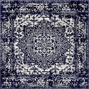 Navy Blue 5' 3 x 5' 3 Richmond Square Area Rug Vintage Distressed Look Traditional Design Carpet for Unique Home Interior Design for Sale at Rug Engine