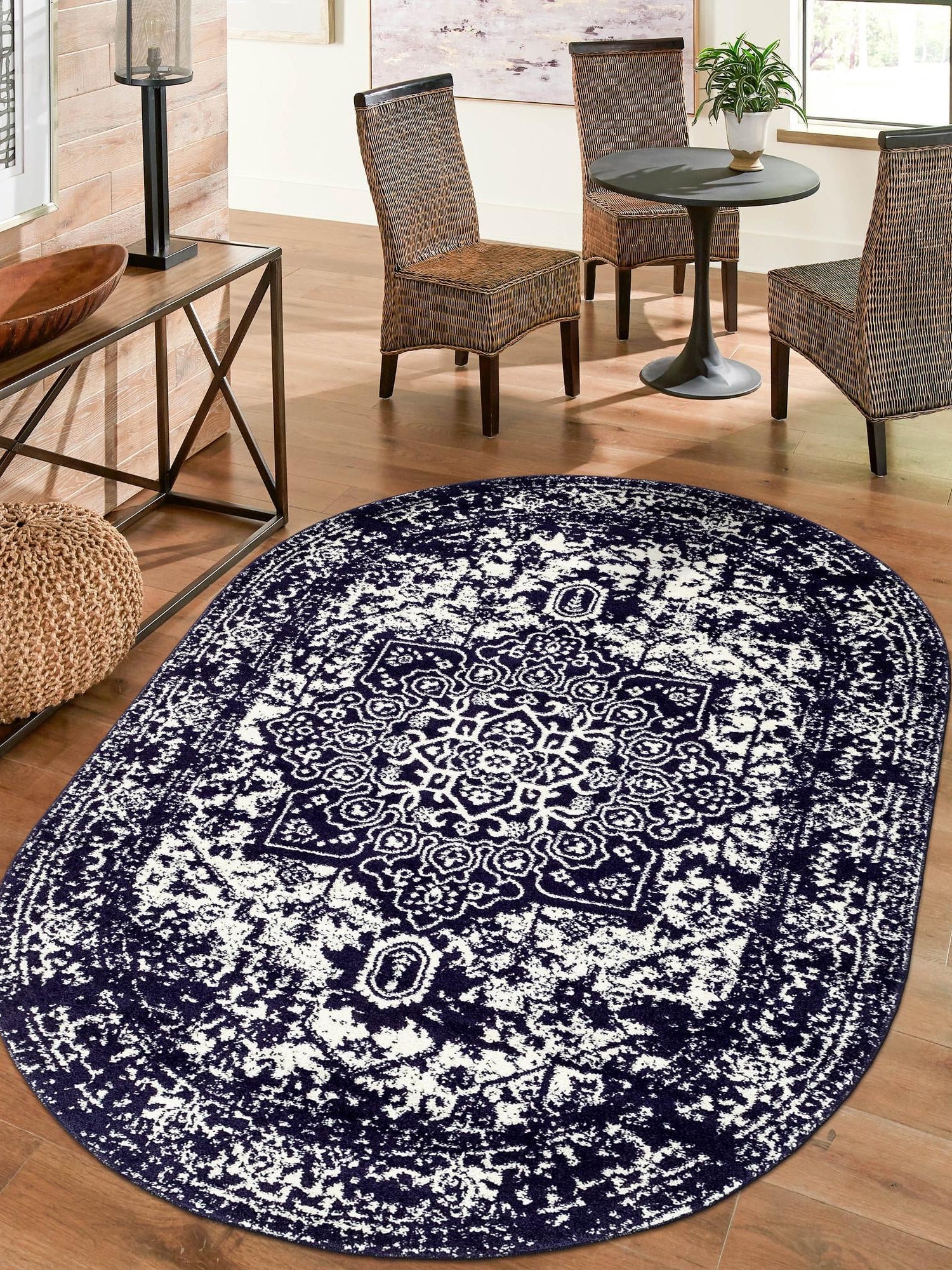 Navy Blue 5' 3 x 8' Richmond Oval Area Rug Vintage Distressed Look Traditional Design Carpet for Unique Home Interior Design for Sale at Rug Engine