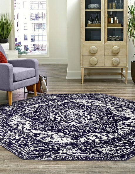 Navy Blue 5' 3 x 5' 3 Richmond Octagon Area Rug Vintage Distressed Look Traditional Design Carpet for Unique Home Interior Design for Sale at Rug Engine