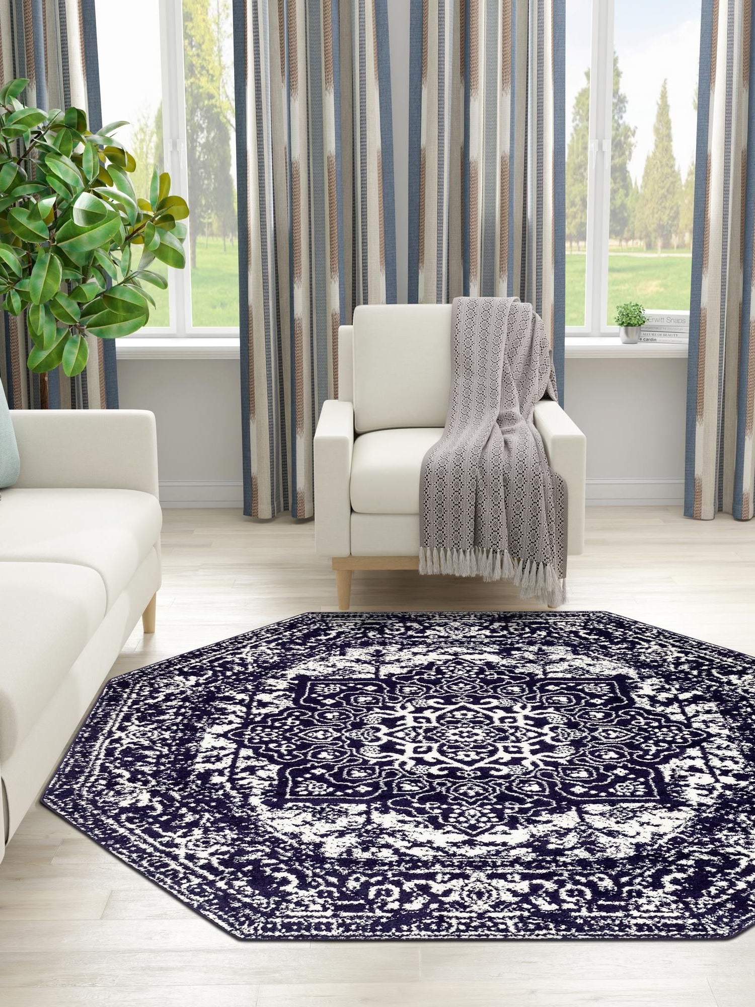 Navy Blue 7' 10 x 7' 10 Richmond Octagon Area Rug Vintage Distressed Look Traditional Design Carpet for Unique Home Interior Design for Sale at Rug Engine