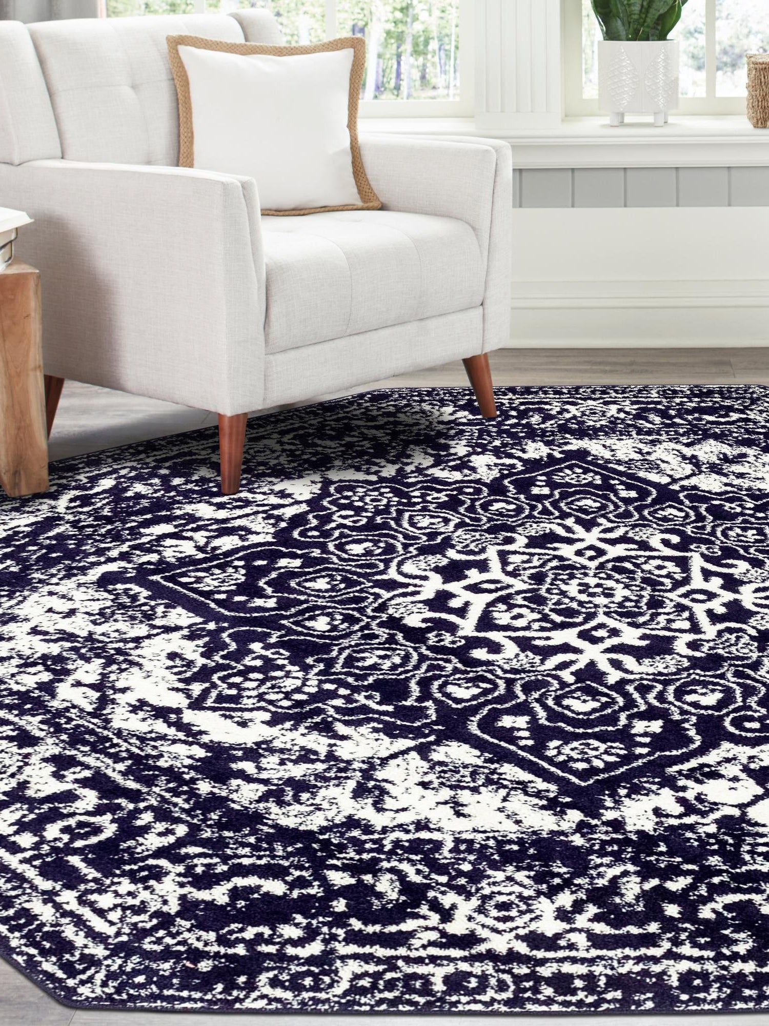 Navy Blue 7' 10 x 7' 10 Richmond Octagon Area Rug Vintage Distressed Look Traditional Design Carpet for Unique Home Interior Design for Sale at Rug Engine