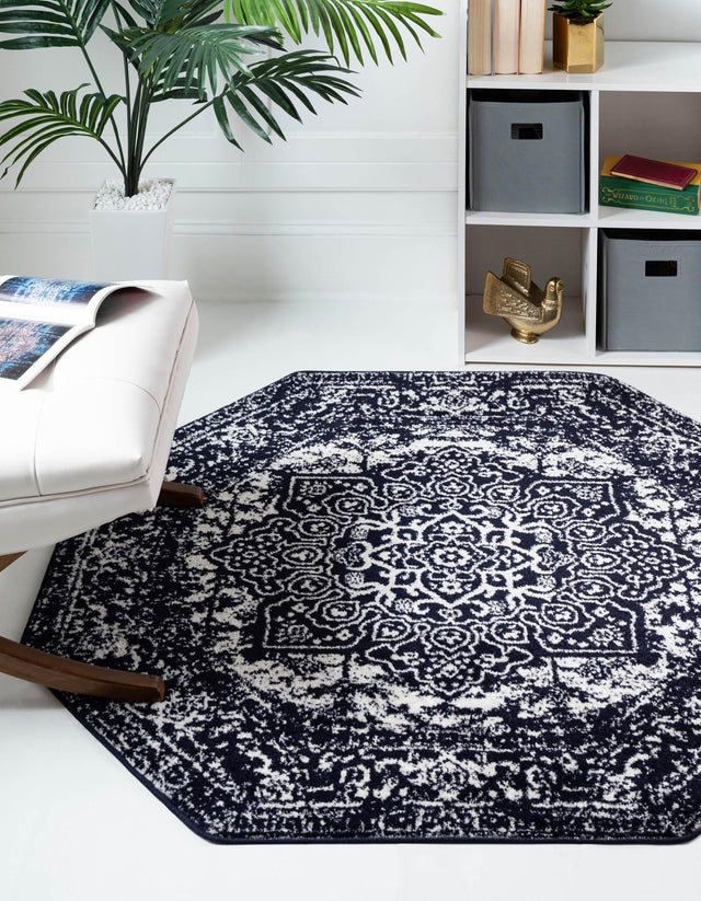 Navy Blue 7' 10 x 7' 10 Richmond Octagon Area Rug Vintage Distressed Look Traditional Design Carpet for Unique Home Interior Design for Sale at Rug Engine