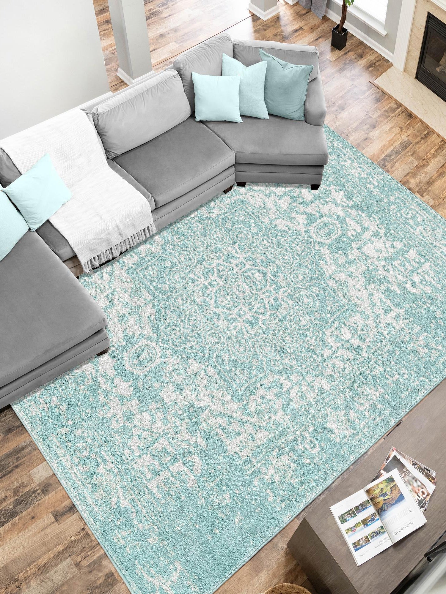 Aqua 2' x 3' 1 Richmond Rectangle Area Rug Vintage Distressed Look Traditional Design Carpet for Unique Home Interior Design for Sale at Rug Engine