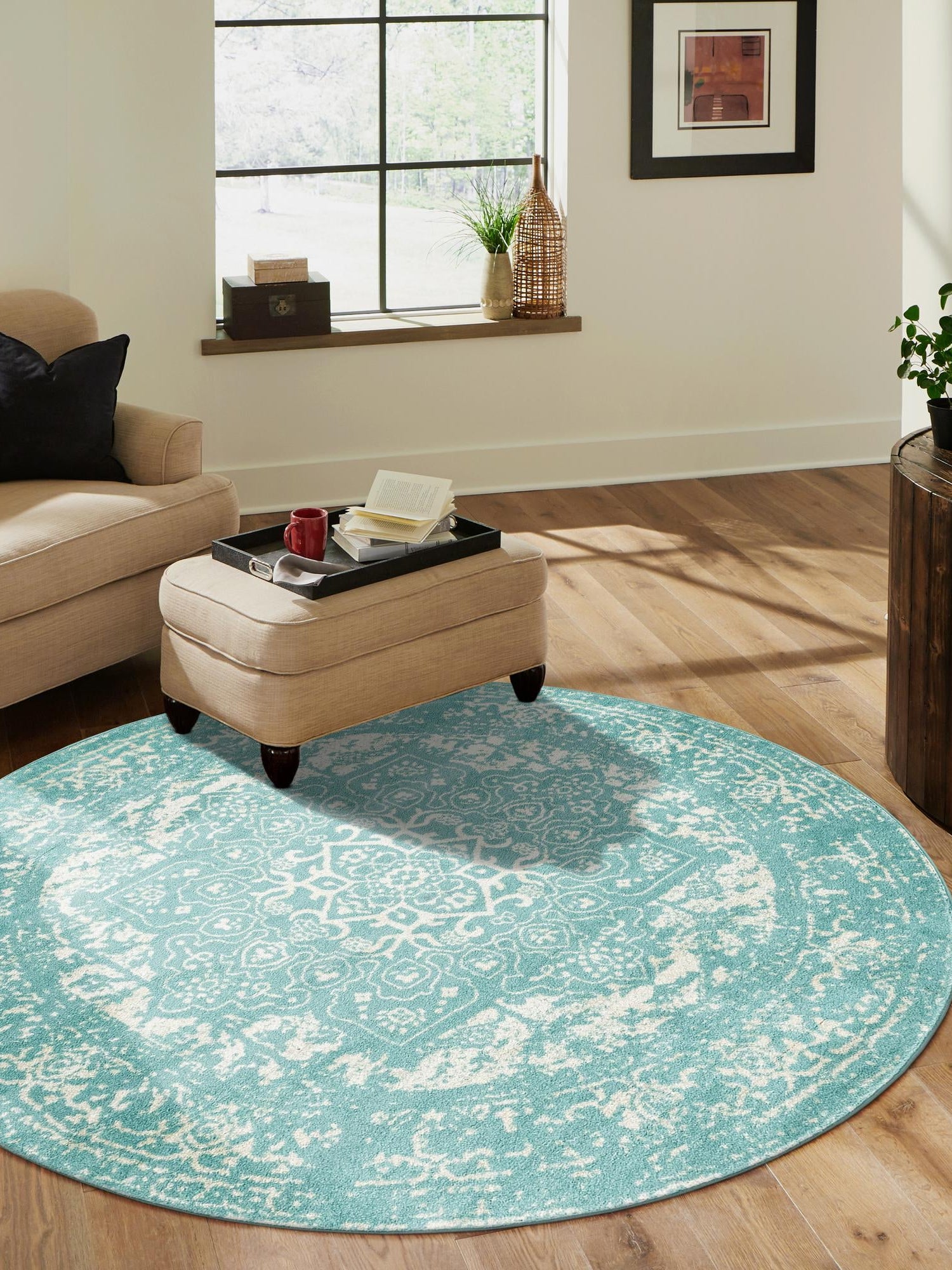 Aqua 7' 10 x 7' 10 Richmond Round Area Rug Vintage Distressed Look Traditional Design Carpet for Unique Home Interior Design for Sale at Rug Engine