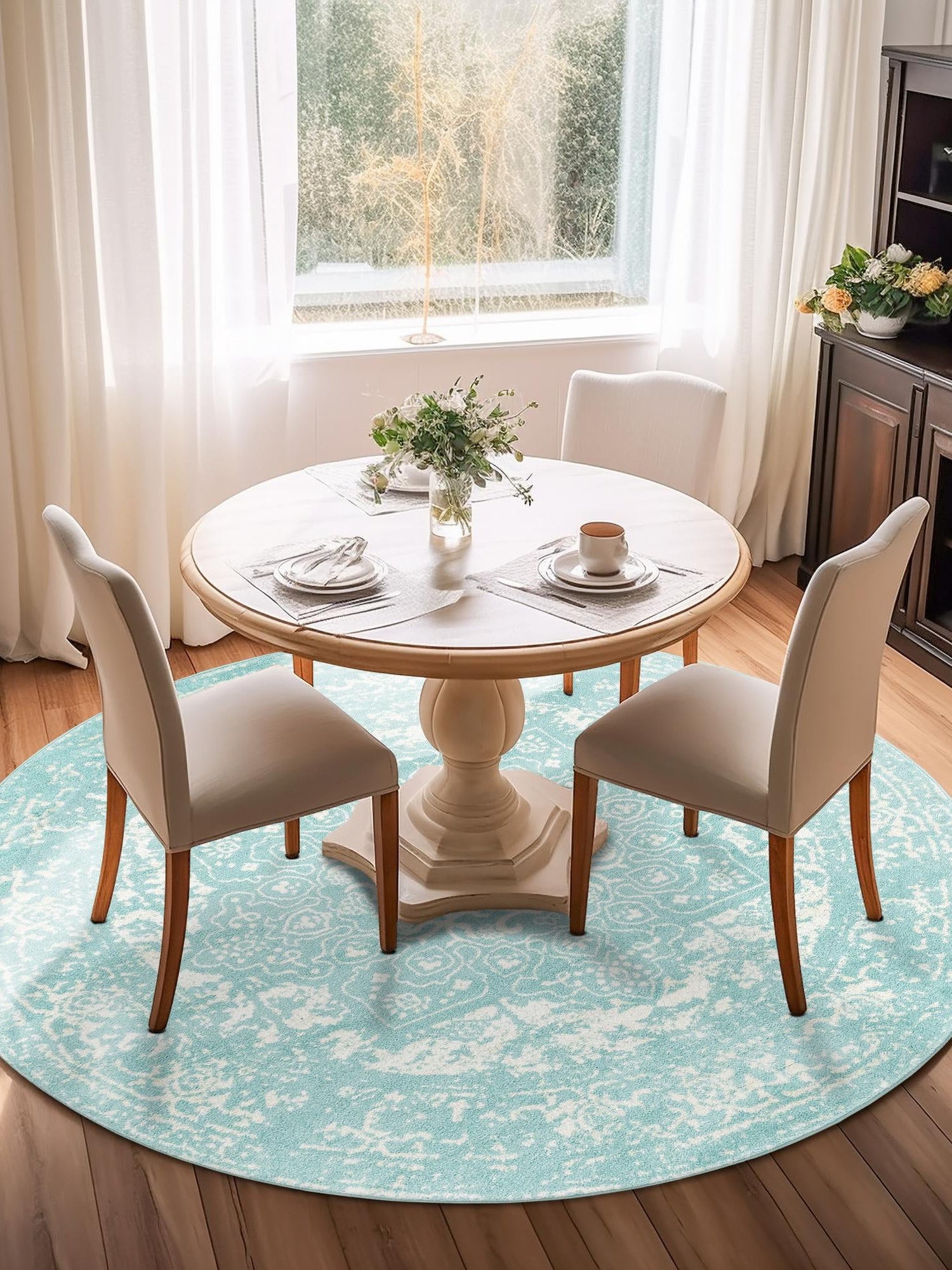 Aqua 7' 10 x 7' 10 Richmond Round Area Rug Vintage Distressed Look Traditional Design Carpet for Unique Home Interior Design for Sale at Rug Engine