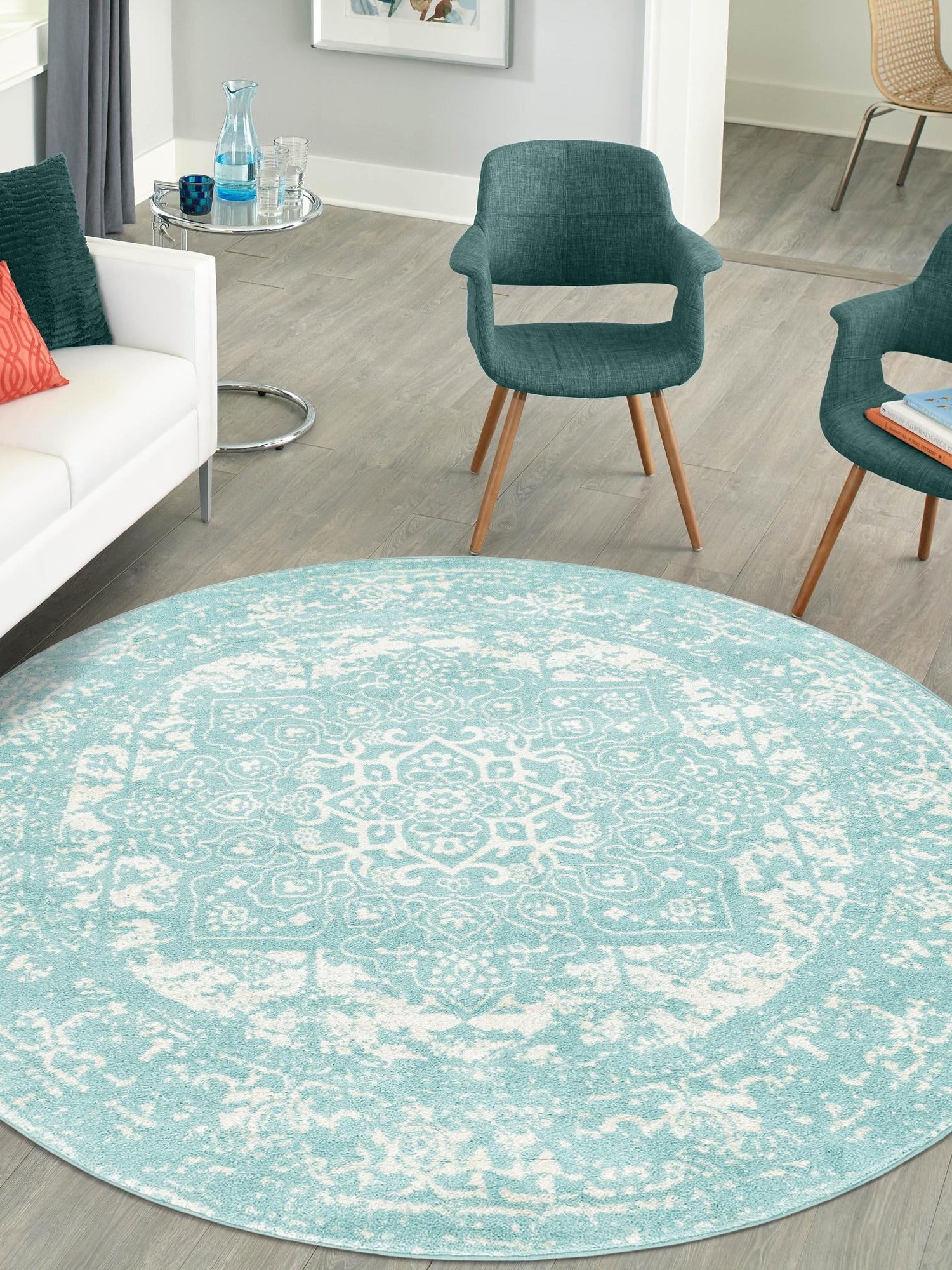 Aqua 7' 10 x 7' 10 Richmond Round Area Rug Vintage Distressed Look Traditional Design Carpet for Unique Home Interior Design for Sale at Rug Engine