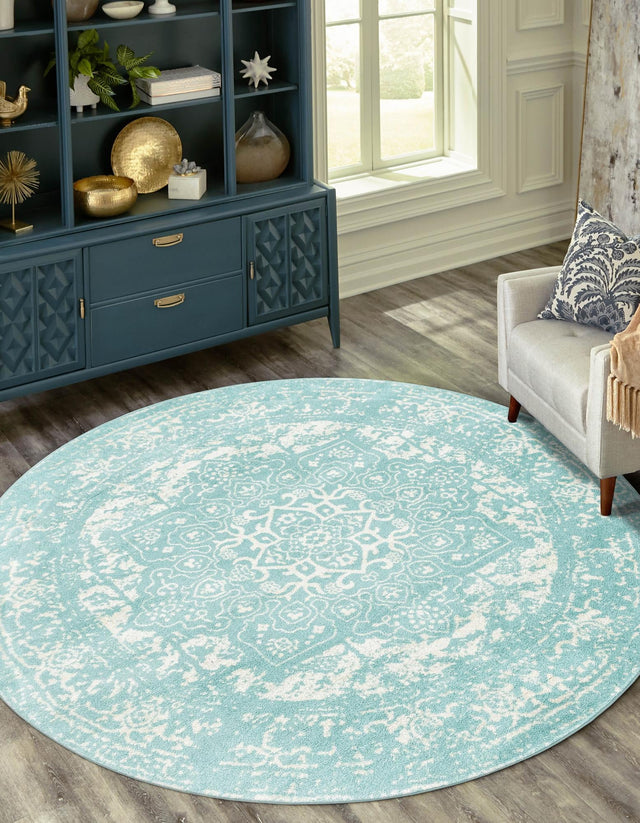 Aqua 7' 10 x 7' 10 Richmond Round Area Rug Vintage Distressed Look Traditional Design Carpet for Unique Home Interior Design for Sale at Rug Engine
