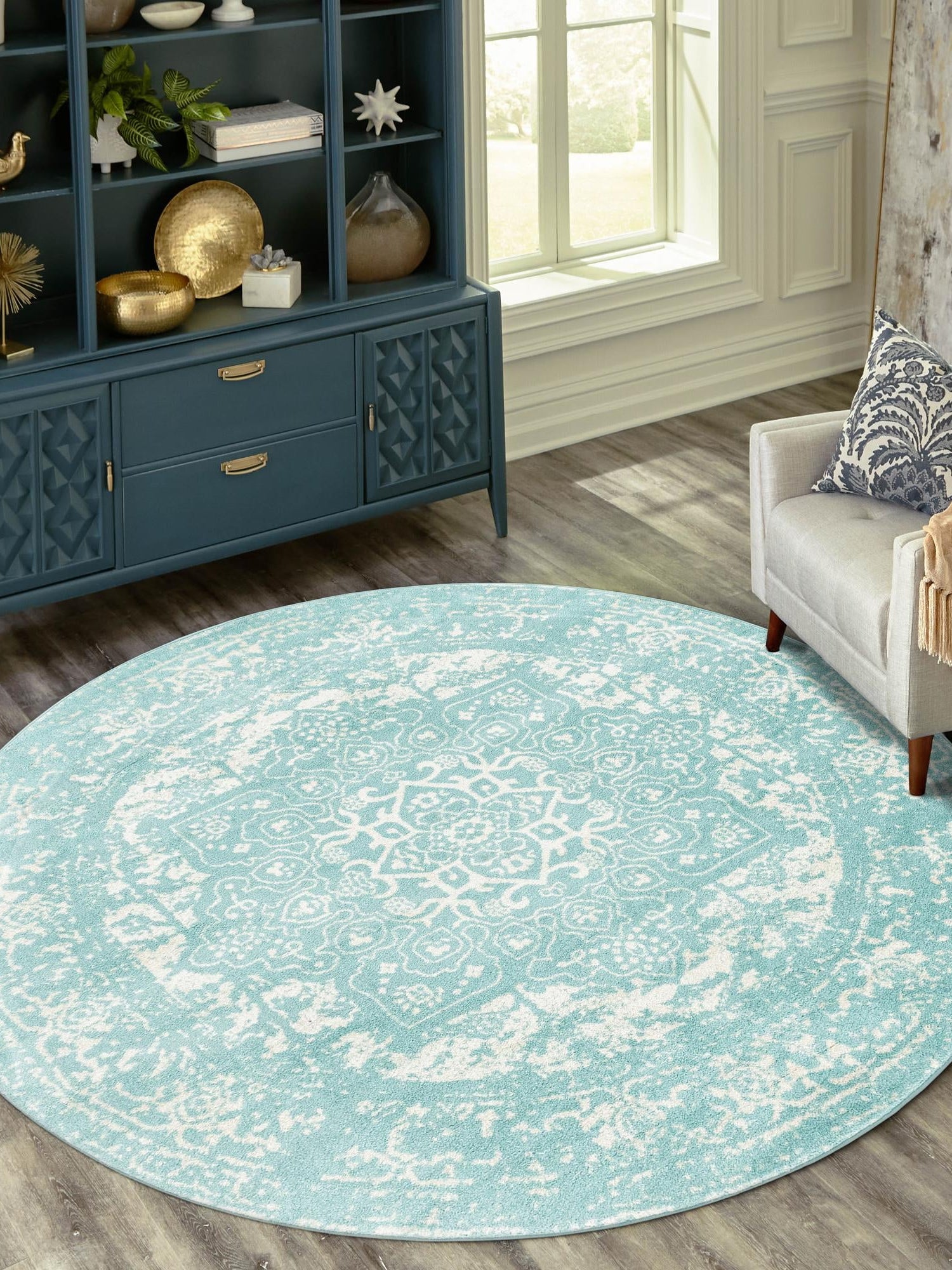 Aqua 5' 3 x 5' 3 Richmond Round Area Rug Vintage Distressed Look Traditional Design Carpet for Unique Home Interior Design for Sale at Rug Engine