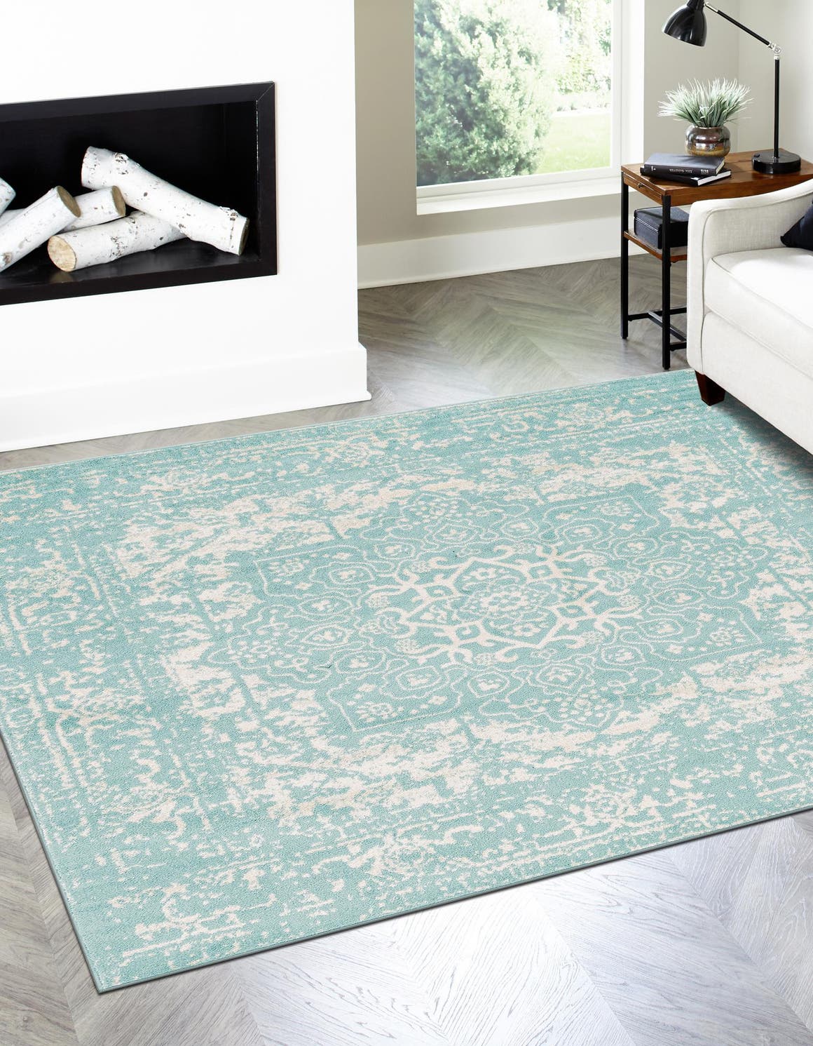 Aqua 5' 3 x 5' 3 Richmond Square Area Rug Vintage Distressed Look Traditional Design Carpet for Unique Home Interior Design for Sale at Rug Engine