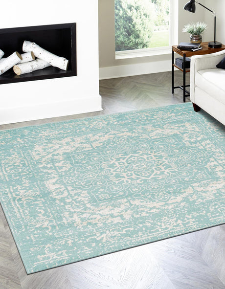 Aqua 5' 3 x 5' 3 Richmond Square Area Rug Vintage Distressed Look Traditional Design Carpet for Unique Home Interior Design for Sale at Rug Engine