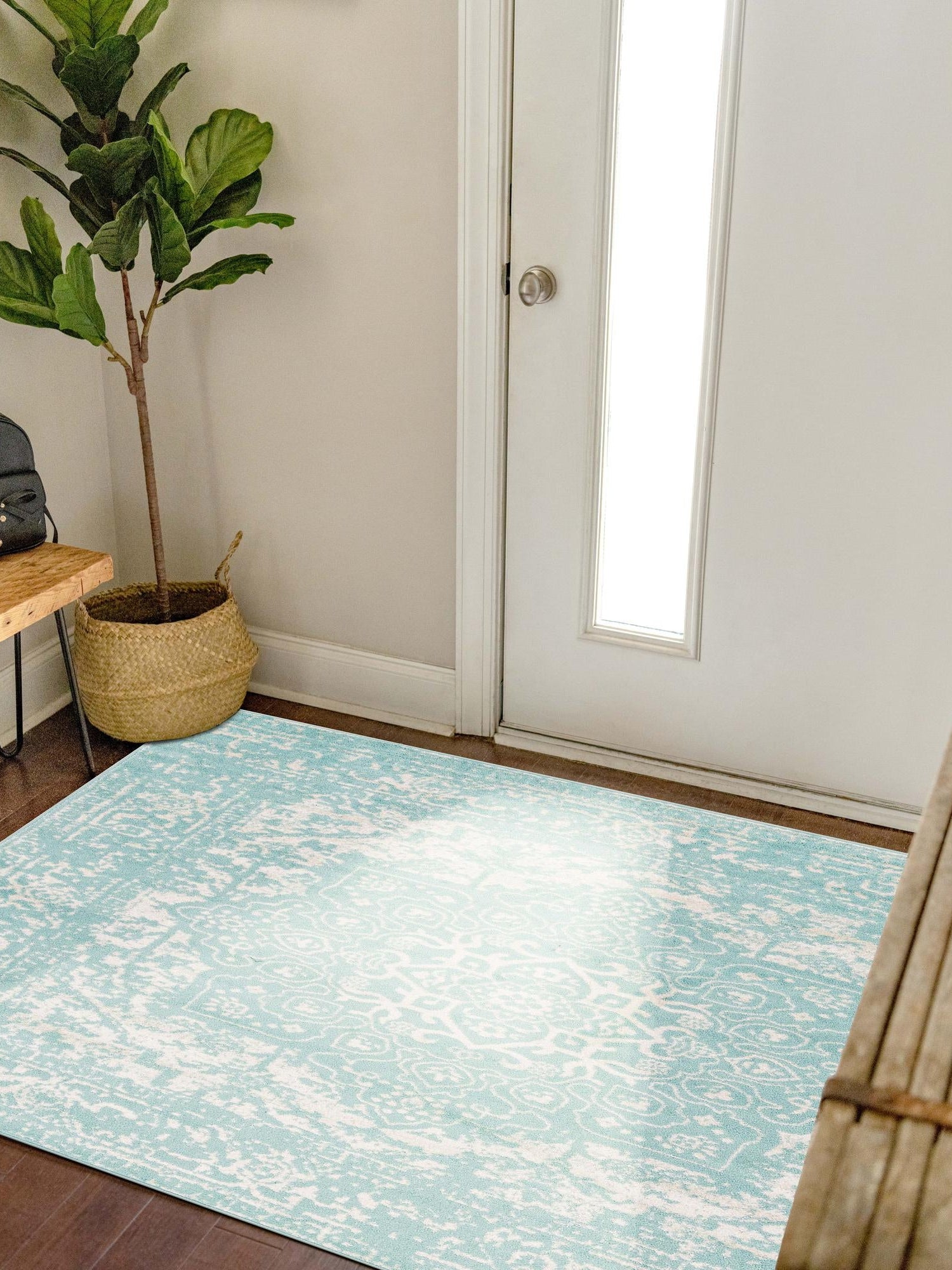 Aqua 5' 3 x 5' 3 Richmond Square Area Rug Vintage Distressed Look Traditional Design Carpet for Unique Home Interior Design for Sale at Rug Engine