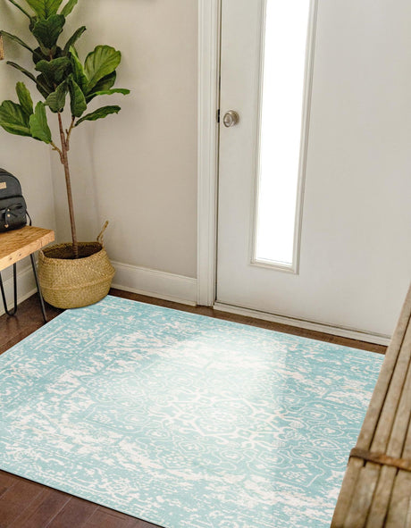 Aqua 5' 3 x 5' 3 Richmond Square Area Rug Vintage Distressed Look Traditional Design Carpet for Unique Home Interior Design for Sale at Rug Engine