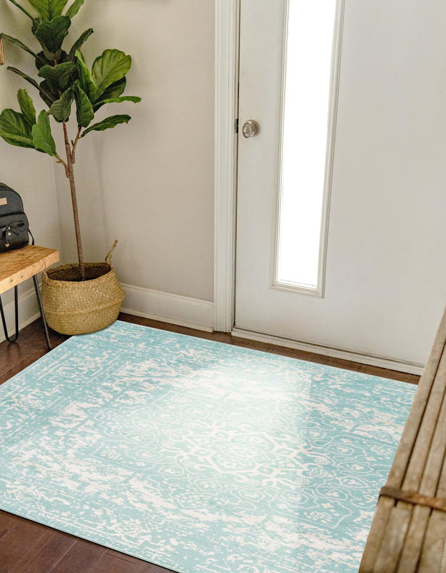 Aqua 5' 3 x 5' 3 Richmond Square Area Rug Vintage Distressed Look Traditional Design Carpet for Unique Home Interior Design for Sale at Rug Engine