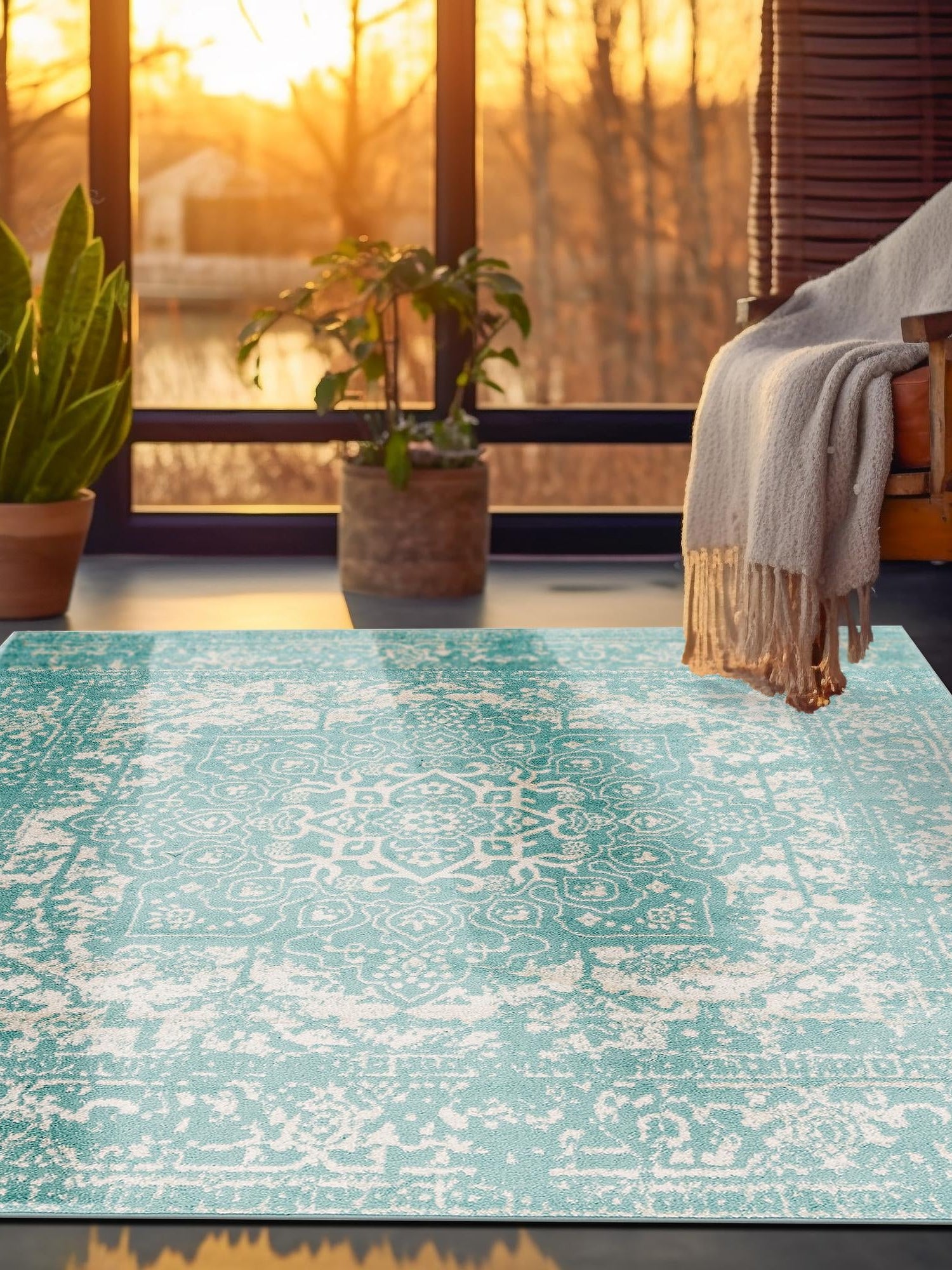 Aqua 5' 3 x 5' 3 Richmond Square Area Rug Vintage Distressed Look Traditional Design Carpet for Unique Home Interior Design for Sale at Rug Engine