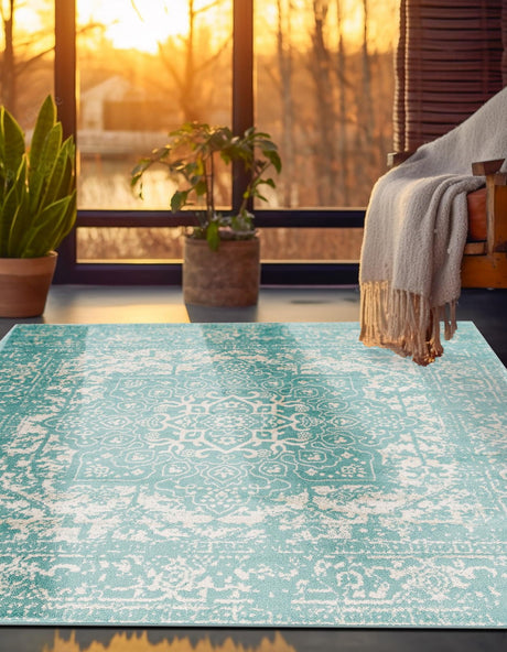 Aqua 5' 3 x 5' 3 Richmond Square Area Rug Vintage Distressed Look Traditional Design Carpet for Unique Home Interior Design for Sale at Rug Engine