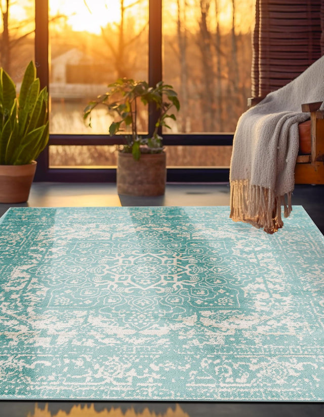 Aqua 5' 3 x 5' 3 Richmond Square Area Rug Vintage Distressed Look Traditional Design Carpet for Unique Home Interior Design for Sale at Rug Engine