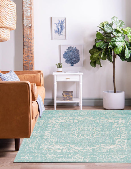 Aqua 5' 3 x 5' 3 Richmond Square Area Rug Vintage Distressed Look Traditional Design Carpet for Unique Home Interior Design for Sale at Rug Engine